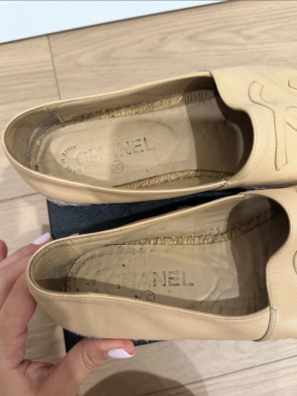 CHANEL Beige Leather Espadrilles with Black Cap Toe